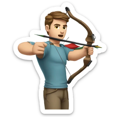 a male archer aiming with a bow looking at his target, wearing a tshirt, brown hair, bright skin, sticker