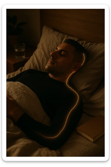 A cinematic close-up of a man in his early 30s sleeping peacefully on his back in a softly lit bedroom. His breathing is calm, chest rising slowly. The sheets are slightly crumpled, natural linen textures in warm beige tones. His face is relaxed, with faint light illuminating the side of his cheek and temple from a nearby window. Around his body, faint glowing lines follow the spine and head, symbolizing deep nervous system recovery and hormonal balance. On the nightstand: a glass of water, a book, and no electronics. The room is quiet and grounded, with natural elements like a small plant and a wooden headboard. Shot in 35mm cinematic style, with warm ambient tones, shallow depth of field, and a peaceful, healing atmosphere sticker
