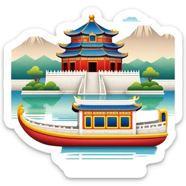 Summer Palace Beijing with marble boat, simplified emoji style with bold outlines and bright colors, cartoon style traditional Chinese palace on lake sticker