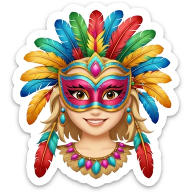 A girl wearing a decorated festival mask with bright feathers, smiling softly beneath it. sticker
