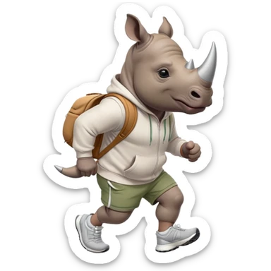 friendly anthropomorphised rhino jogging upright, wearing a hoodie and shorts, dark sunglasses, relaxed pose sticker