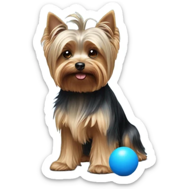 Yorkshire terrier with a blue ball sticker