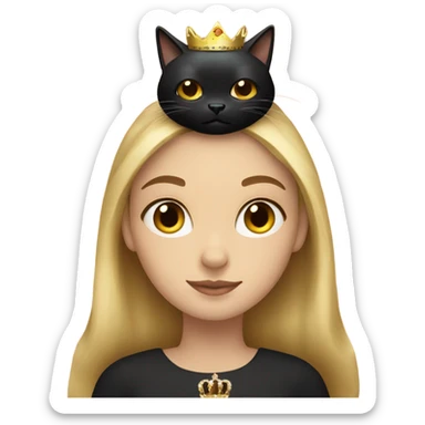 Blonde girl holding a black cat wearing pink and cat is wearing a crown sticker