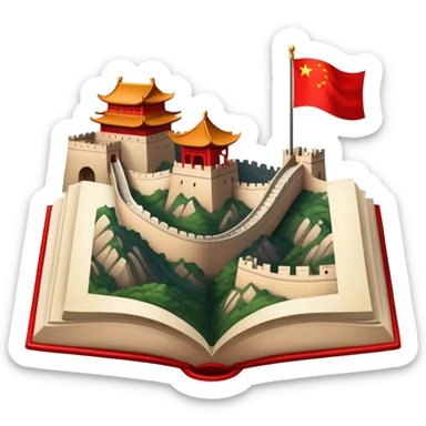 An icon featuring the Great Wall of China and the flag of China, symbolizing the Chinese language. The design includes an open book with Chinese characters and a red lantern, representing language learning and rich cultural tradition. Transparent background highlights the depth of Chinese heritage. sticker