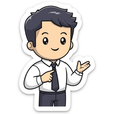 Management educator with black wavy hair, stubble, strong features, white skin, smart casual attire, facilitating an engaging leadership exercise with workshop participants, standing with confident posture sticker