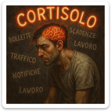 symbolic surrealism, semi-realistic; man in his thirties, tired eyes, tense muscles, curved posture, surrounded by glowing symbols 'Cortisolo' in Italian, orange-red aura; chaotic background with Italian words: 'bollette', 'scadenze', 'lavoro', 'traffico', 'notifiche'; visible brain with red-orange neural activity, moody lighting, detailed face sticker