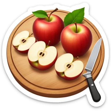 A round wooden board with a whole apple and several slices on it and knife with leaves sticker
