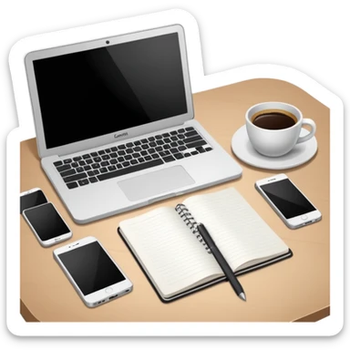 Laptop on the table, coffee and notebook sticker