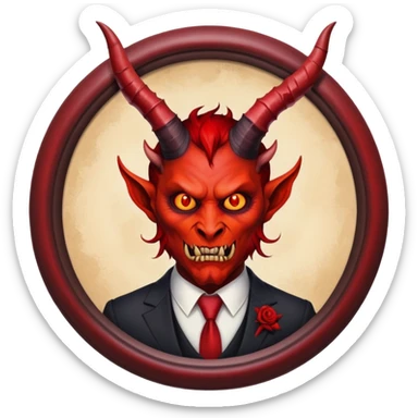 round oil painting in frame, portrait of a demon in a suit sticker