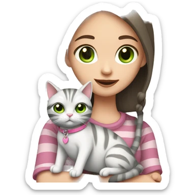 White skinned girl with green eyes and brown hair holding her grey stripy cat with a pink collar sticker