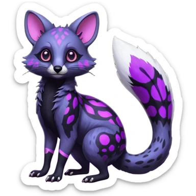 Obsidian-onyx-pitch-black fur base coat with glowing-neon-purple markings and patterns, shiny blind eyes, magical fantasy-Genet-Sentret-Marsupial-Possum-Vernid-Sergal-Fakémon-hybrid, by LiLaiRa-griffsnuff, full body sticker