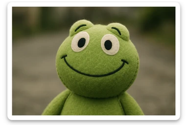 happy plushie Kermit the Frog face with emoji expression, soft and cute, plush toy style sticker