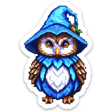 owl wearing a blue wizard hat pixel art sticker