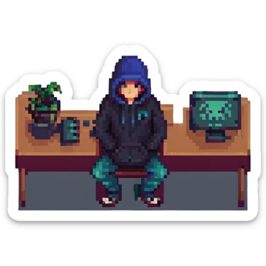cybersecurity, hacker in hoodie at computer, pixel art style sticker