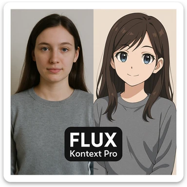 create before after image of a girl before is realsitic photo, after is anime version of her in same pose and clothes, add logo with text of a "FLUX Kontext Pro" sticker