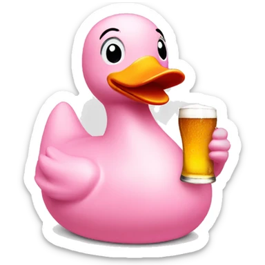 light pink rubber duck holding a beer sticker