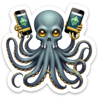 Intimidating octopus skeleton. Evil looking eyes, wearing a gold necklace. 2 tentacles are holding their own cellphones with one held up to its ear, 2 other tentacles are holding stacks of money sticker