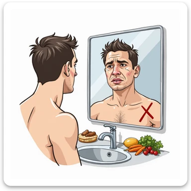 realistic man with marked face and dull eyes looking at himself in the mirror, reflection shows dull skin and thinning hair, next to sink are healthy fat-rich foods crossed out with a red X, Italian caption: 'No grassi buoni: effetti visibili su corpo e salute', isolated on white background sticker