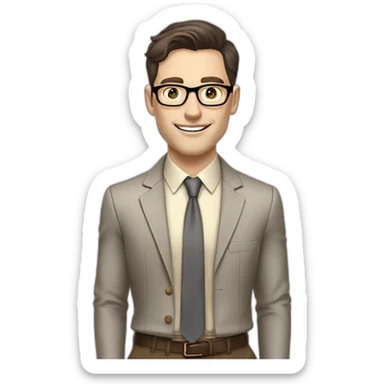 Pale skinned fit man with dark brown hair in gray jacket, beige office shirt, brown tie, brown pants and vintage glasses Writing on the flipchart sticker