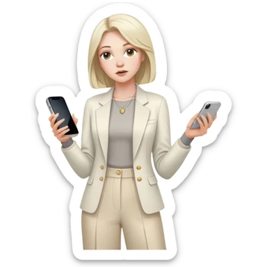 pale skin woman with ash blonde Straightened bob Hair, White Spacious classical jacket, beige palazzo Arrow pants and gray blouse holding white IPhone 14 pro in the hands sticker