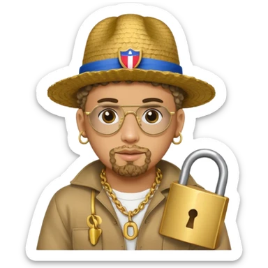 An emoji of Bad Bunny, the superstar from Puerto Rico. The singer. His hair is curly. He has a padlock beard. An an traditional boricua hat.  sticker