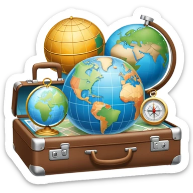 An icon featuring a suitcase, 1 globe, and a hotel building, symbolizing tourism and hospitality studies. The design includes a map and compass, representing travel research and industry analysis. Transparent background sticker