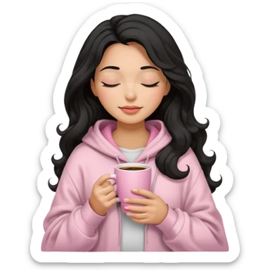 hispanic woman, black long wavy hair , closed eyes, feminine face, holding soft pink coffee cup wearing white Hoodie with pink blanket over shoulders sticker