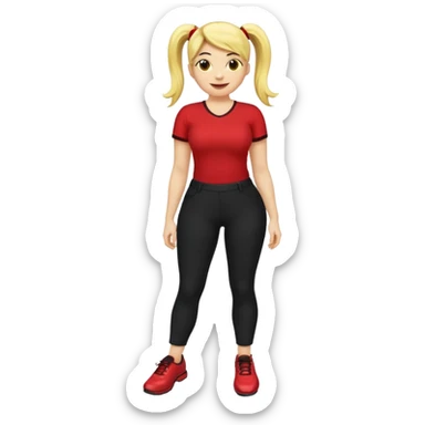 A smiley yellow emoji (like 😊) with a ponytail, red shirt, big breasts, black pants, ass and red shoes sticker