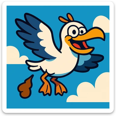 a seagull flying while pooping, colorful cartoon style, playful and exaggerated expression sticker