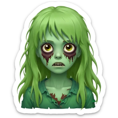 green zombie girl with messy long hair and bangs sticker