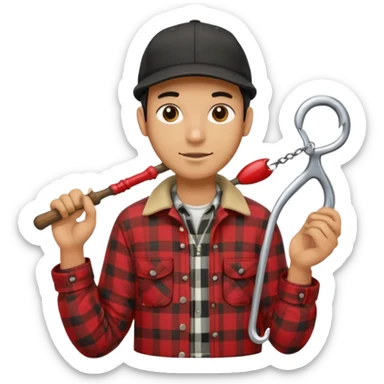 vit Ung man med svart keps röd gul rutig flanellskjorta hållandes en båtshake med stor torsk sticker