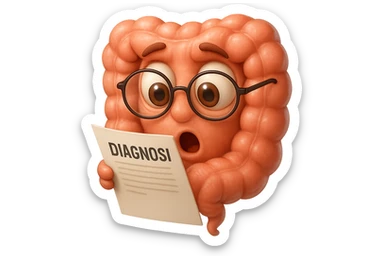 EMOJI STILE IPHONE DI UN INTESTINO CON GLI OCCHIALI CHE LEGGE UN FOGLIO CON LA SCRITTA DIAGNOSI, ESPRESSIONE STUPITA IN VOLTO, IPERREALISTICO 4K sticker