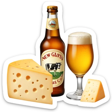 New Glarus Spotted Cow beer bottle next to cheese wedge sticker