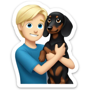 Blonde hair blue eyed boy cuddling black long haired dachshund  sticker