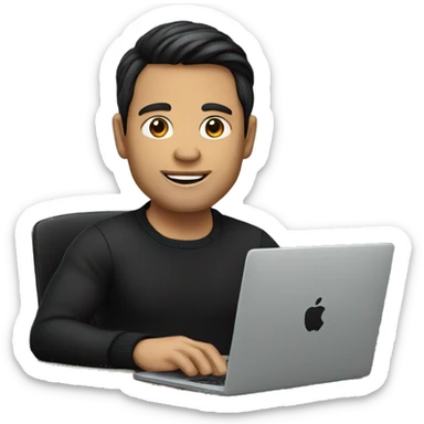     memoji of a man with a laptop in front, apple-style,modern,dark hair,black sweater,computer in hand,sitting on his desk sticker