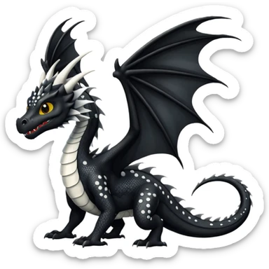 A dragon that is  black 🖤 with white spots. HUGE wings and a tail sticker