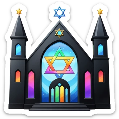 jewish synagogue temple in dark goth aesthetic style with black building and light rainbow tint glass windows and star of david and celestial symbolism sticker