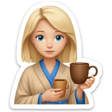 cozy blonde girl with middle length hair and blue eyes holds a brown cup in beige  robe sticker