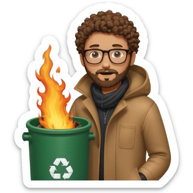 curly skinny guy with bear and glasses, heating in front of a trash bin on fire  sticker