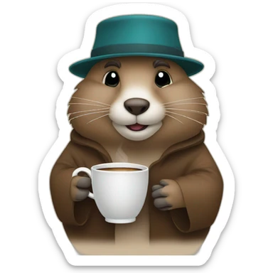 Sleepy groundhog in robe and cap holding cup of coffee sticker
