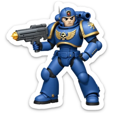 warhammer40k space marine holding a weapon. Weapon is firing. sticker