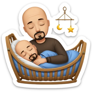 a bald, tan man who has a black goatee sleeping in a cradle sticker