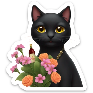 Black Cat holding flowers and a wine bottle sticker