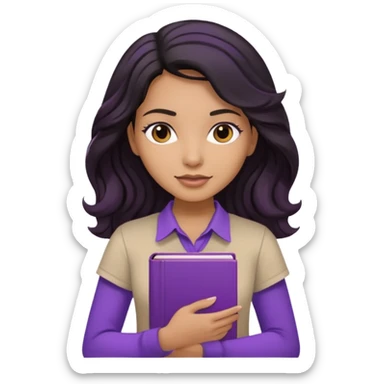 Long Hair Women, with Black dark wavy hair, with purple Book, beige shir, without background sticker