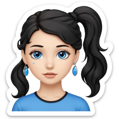 a girl with blue eyes, black wavy hair in a ponytail, clean girl makeup sticker