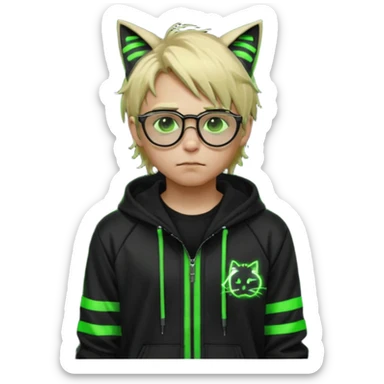 Light blond, slightly messy hair
Black glasses
A black hoodie with cat ears
Neon green details on the jacket and pants (glowing lines and stripes)
An overall hacker / cyberpunk style look
A neutral facial expression boy sticker