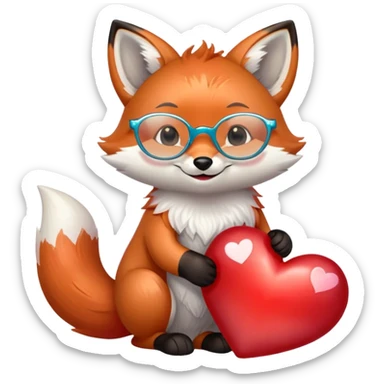 A dreamy fox with iridescent fur, a glowing tail, a silver star on its forehead, and round glasses, hugging a big red heart and smiling warmly. 🦊❤️ sticker