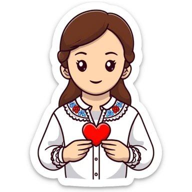 Beautiful young girl with brown hair in a white Ukrainian embroidered shirt holding a large embroidered heart sticker