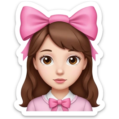 a girl with brown hair and a pink bow sticker