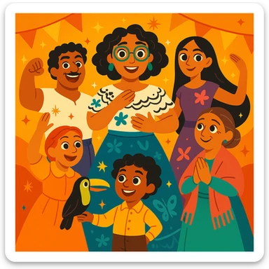 Edit the Madrigal family illustration to remove Bruno, keep all other characters, whimsical style, magical sparkles, festive atmosphere, no Bruno. sticker